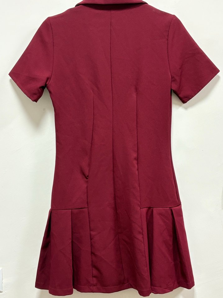 Bordo Düğmeli Kısa Kollu Midi Elbise - Görsel 2