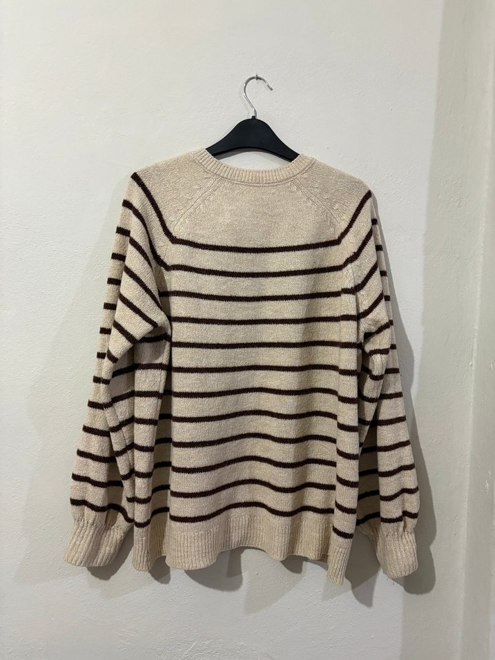 Bej Çizgili Örgü Kadın Kazak - Görsel 2