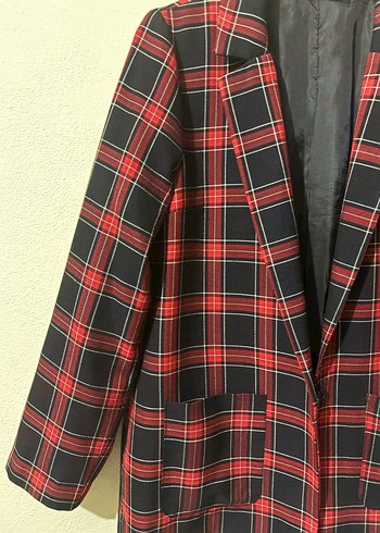 Bordo Ekose Düğmeli Midi Kadın Blazer - Görsel 2