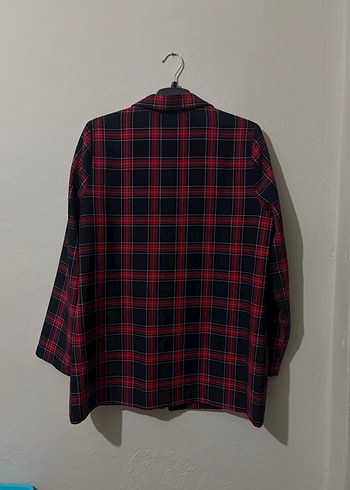 Bordo Ekose Düğmeli Midi Kadın Blazer - Görsel 3