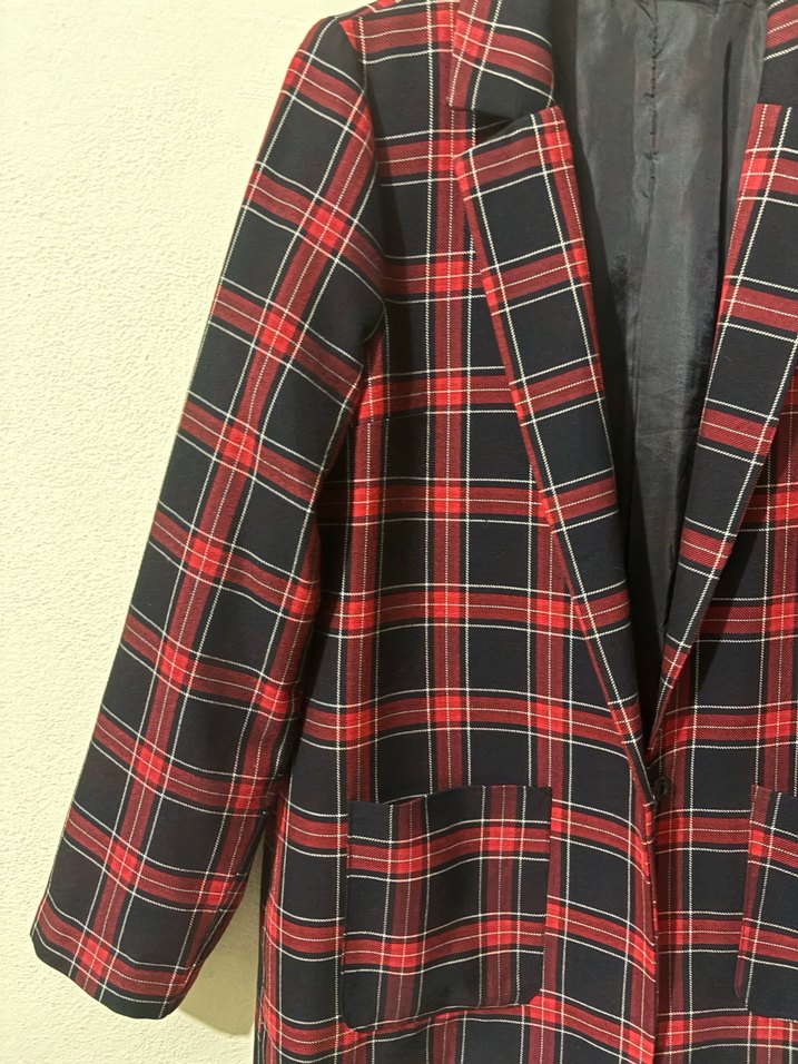 Bordo Ekose Düğmeli Midi Kadın Blazer - Görsel 2