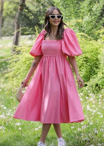 Diğer Sırt bağlamalı balon kollu midi pembe abiye elbise