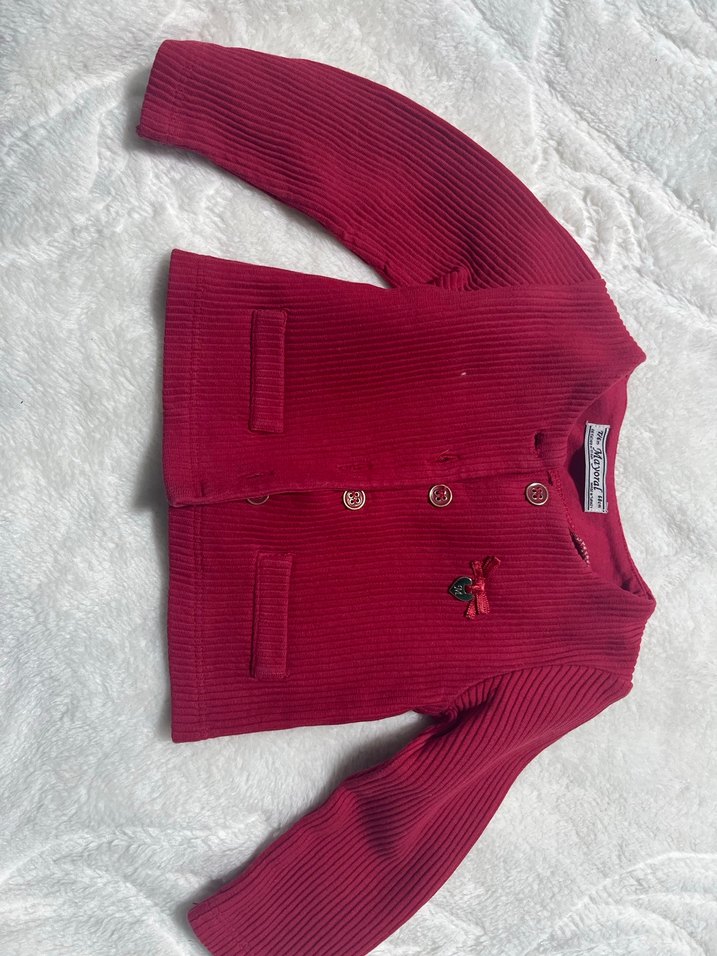 Kız Bebek Kırmızı Örgü Hırka ve Çizgili Takım - Görsel 2