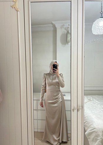 Drapeli Bej Uzun Abiye Elbise