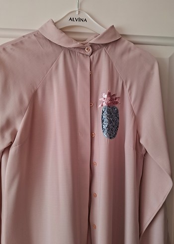 Düğmeli Pembe Uzun Kollu Kadın Tunik - Görsel 2