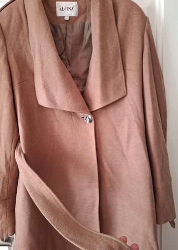 Bej Midi Boy Düğmeli Keten Hamile Kabanı - Görsel 2