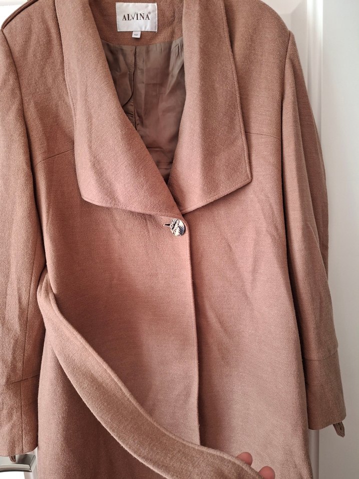 Bej Midi Boy Düğmeli Keten Hamile Kabanı - Görsel 2