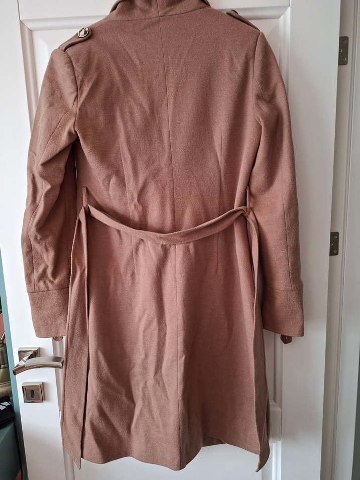 Bej Midi Boy Düğmeli Keten Hamile Kabanı - Görsel 5