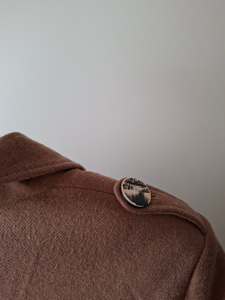 Bej Midi Boy Düğmeli Keten Hamile Kabanı - Görsel 4