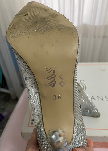 38 Beden gri Renk Gri İşlemeli Taşlı Stiletto Abiye Ayakkabı