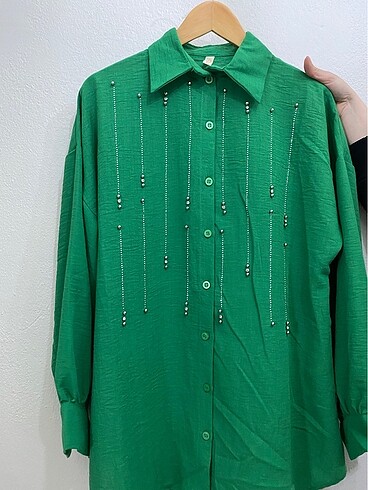 xl Beden Yeşil taşlı tesettür tunik gömlek
