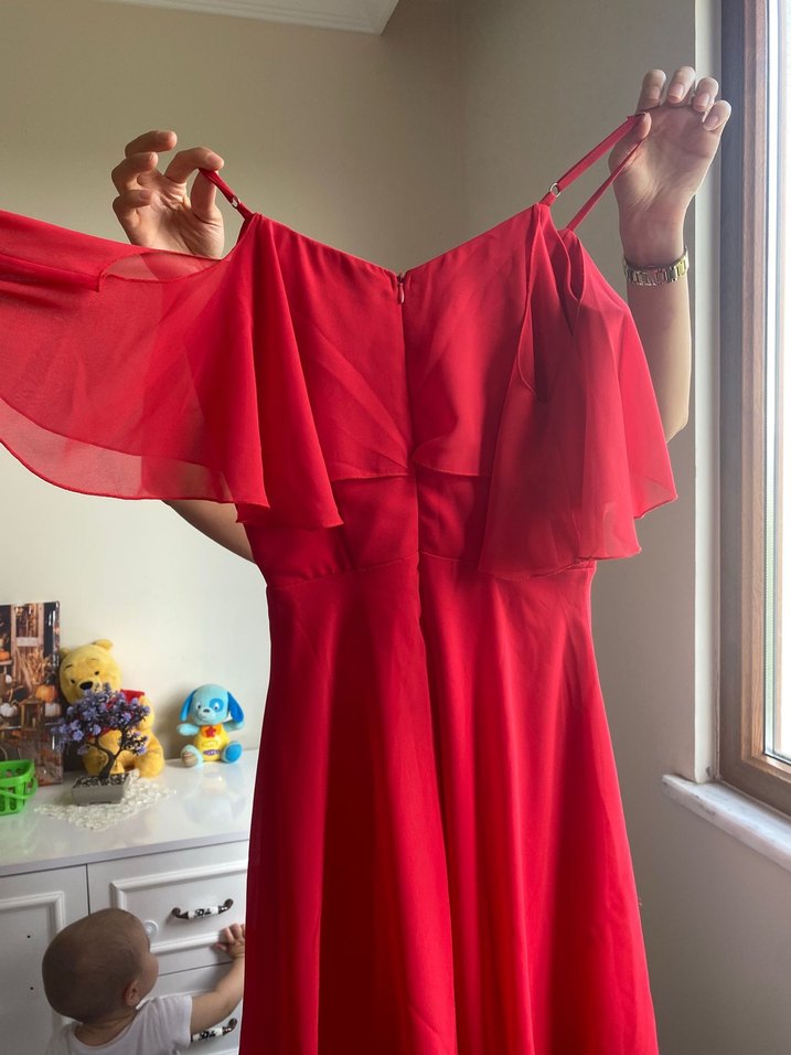 Kırmızı Volanlı Askılı kısa Elbise - Görsel 2