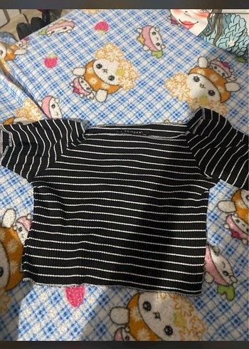 Kadın Siyah Çizgili Kısa Kollu Crop Top