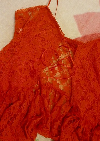 Diğer Kırmızı Nakışlı İp Askılı Vintage Pijama Üstü