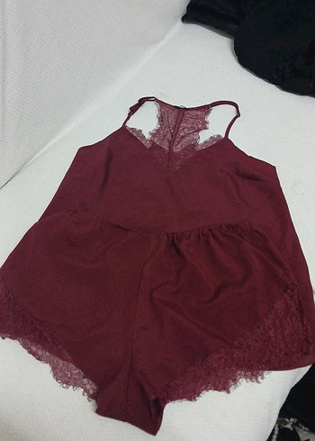 Bordo Dantelli Kadın Mini Pijama Takımı