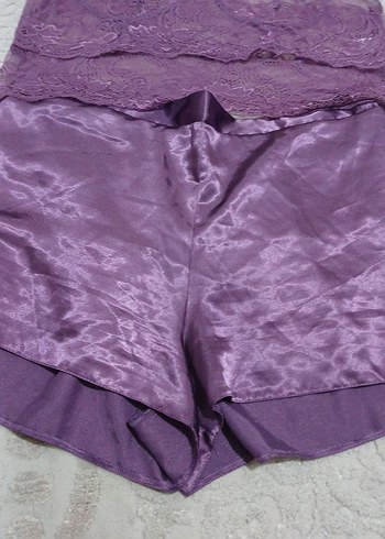 Mor Dantel Detaylı Kısa Saten Pijama Takımı - Görsel 2