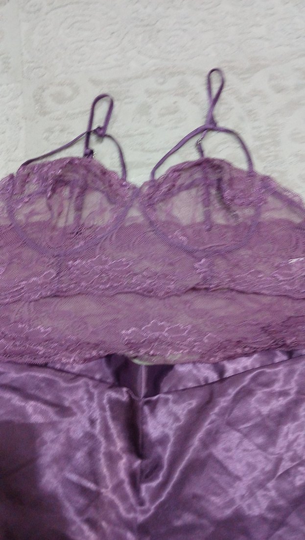 Mor Dantel Detaylı Kısa Saten Pijama Takımı - Görsel 3