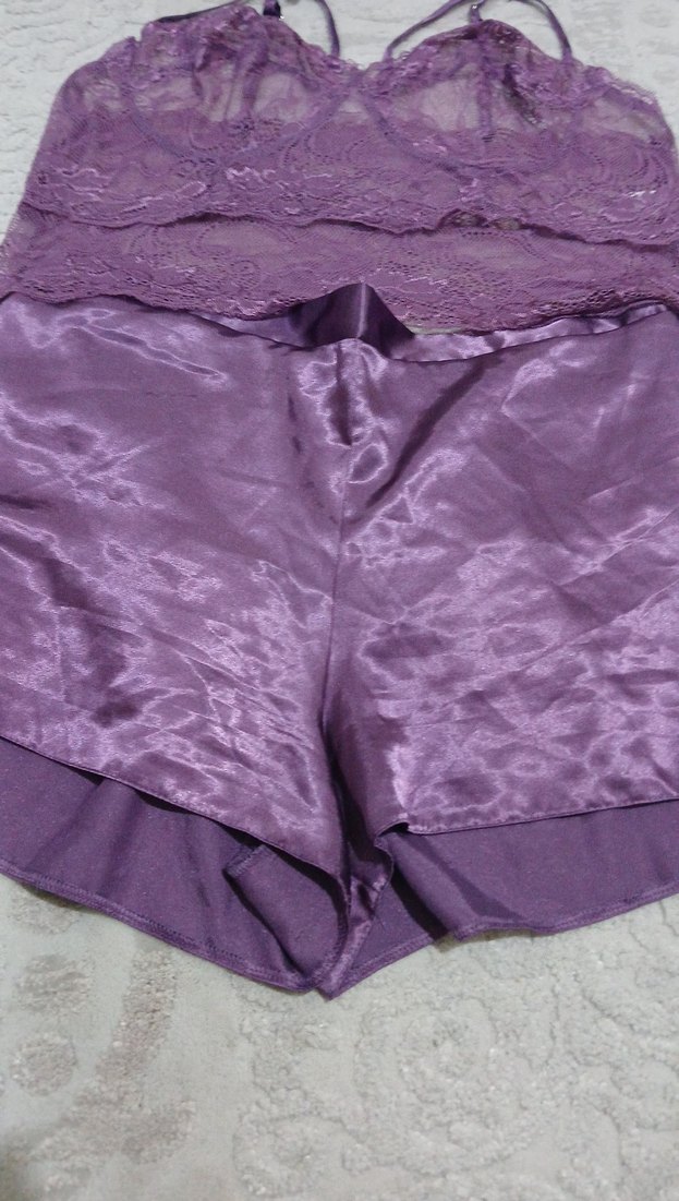 Mor Dantel Detaylı Kısa Saten Pijama Takımı - Görsel 2