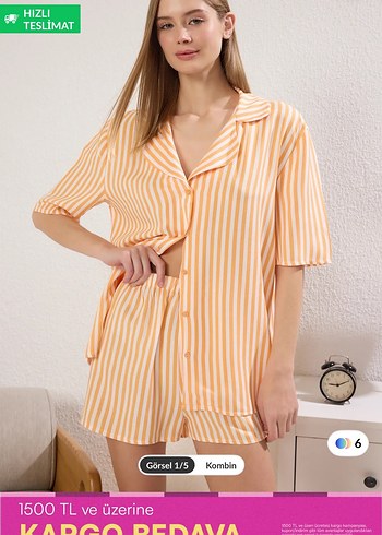 Turuncu Çizgili Kısa Kollu Mini Pijama Takımı