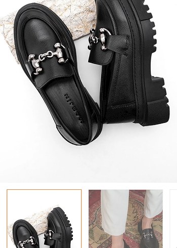 Siyah Deri Kadın Platform Topuklu Tokalı Biker Loafer
