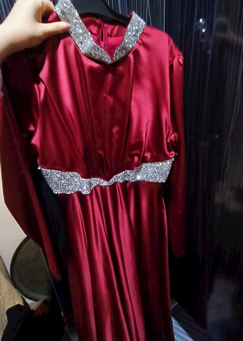 xl Beden Bordo İşlemeli Uzun Abiye Elbise tesettür abiye