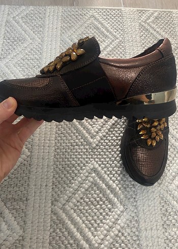 Kahverengi Deri Yılan Desenli Platform Topuklu Sneakers - Görsel 3
