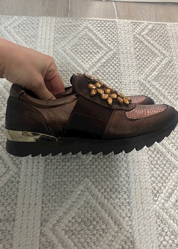 Kahverengi Deri Yılan Desenli Platform Topuklu Sneakers - Görsel 4