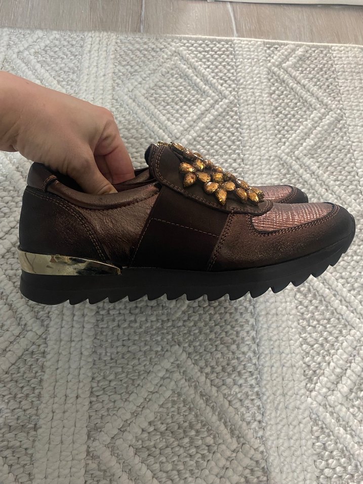 Kahverengi Deri Yılan Desenli Platform Topuklu Sneakers - Görsel 4