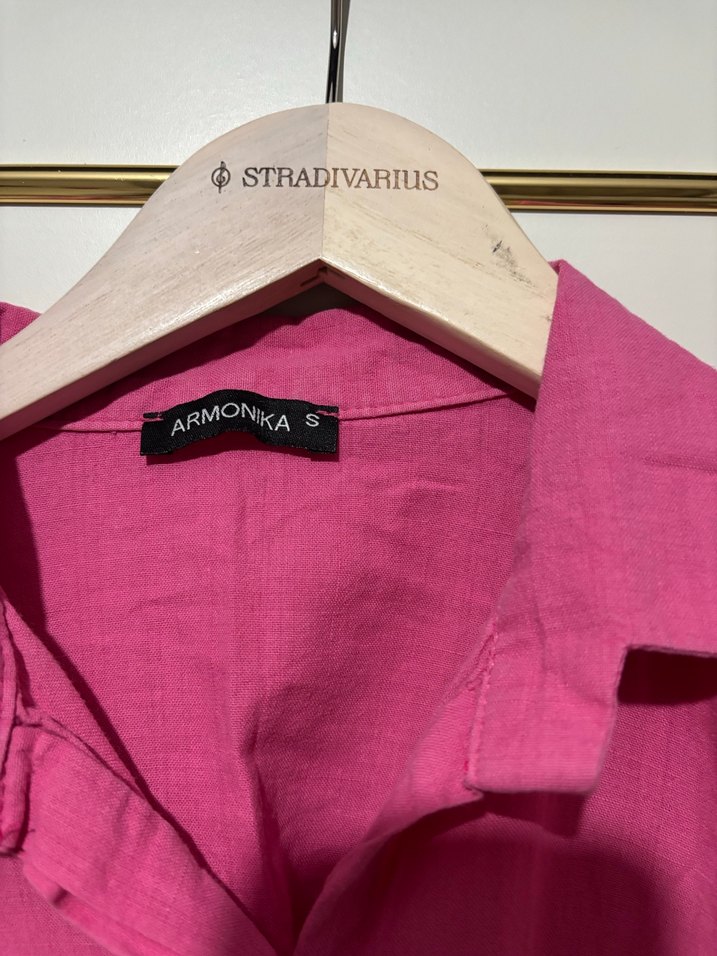 Pembe Keten Düğmeli Kadın Gömlek - Görsel 3