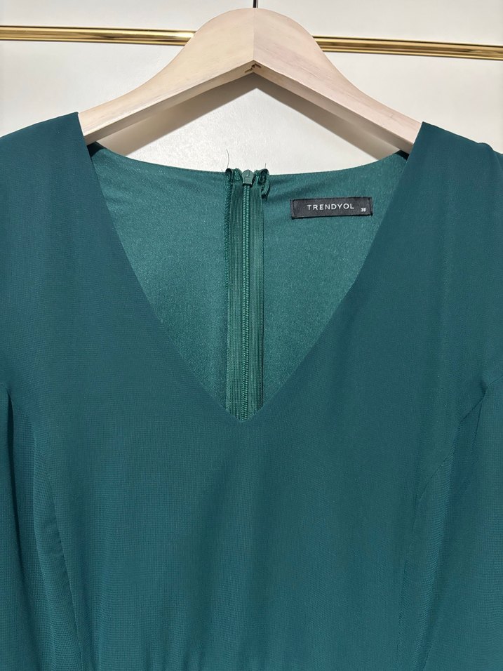 Koyu Yeşil Drapeli Uzun Kollu Elbise - Görsel 4