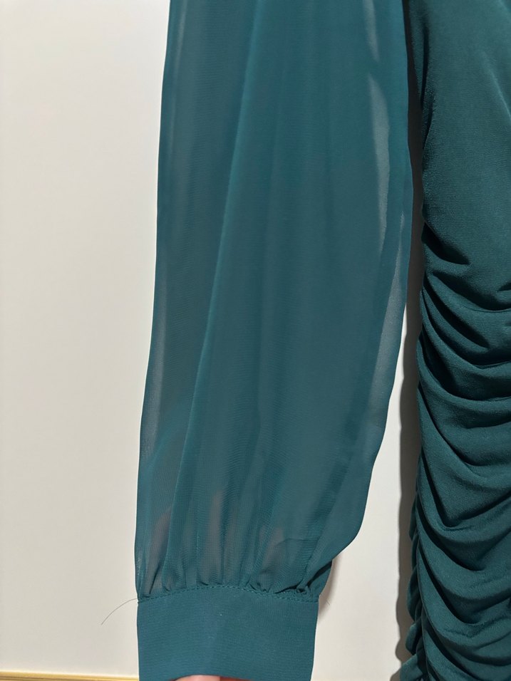 Koyu Yeşil Drapeli Uzun Kollu Elbise - Görsel 3