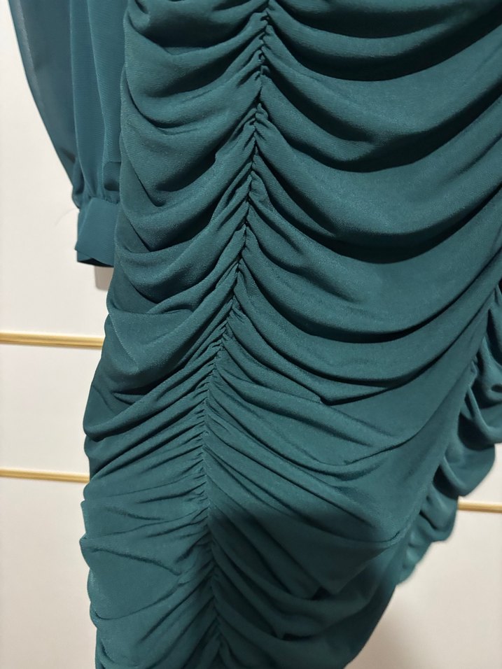 Koyu Yeşil Drapeli Uzun Kollu Elbise - Görsel 2