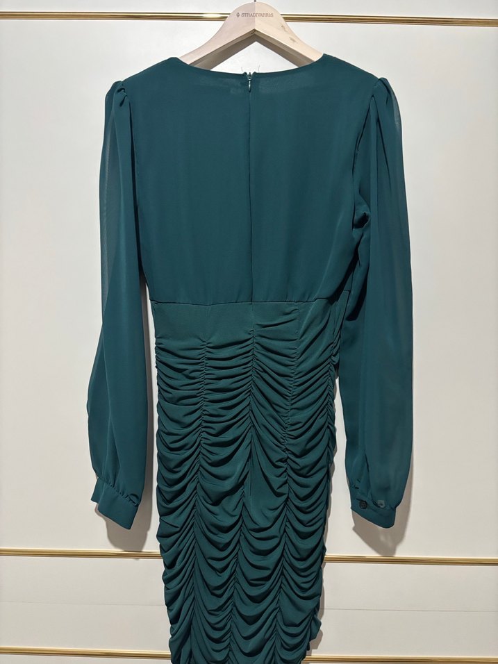 Koyu Yeşil Drapeli Uzun Kollu Elbise - Görsel 5