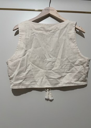 Nakışlı Beyaz Keten Bohem Yelek - Görsel 5