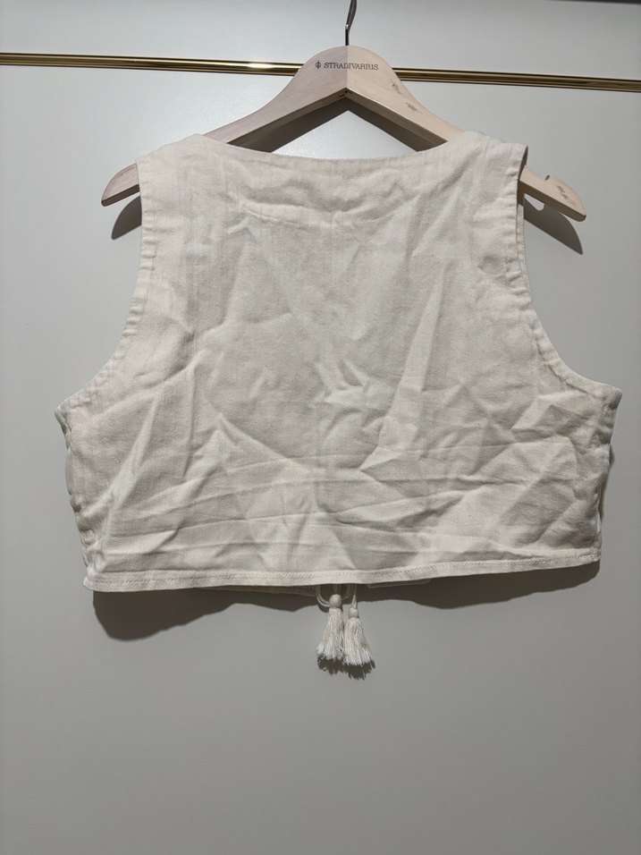 Nakışlı Beyaz Keten Bohem Yelek - Görsel 5