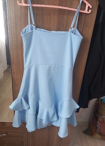 s Beden mavi Renk Askılı Mini elbise Mavi