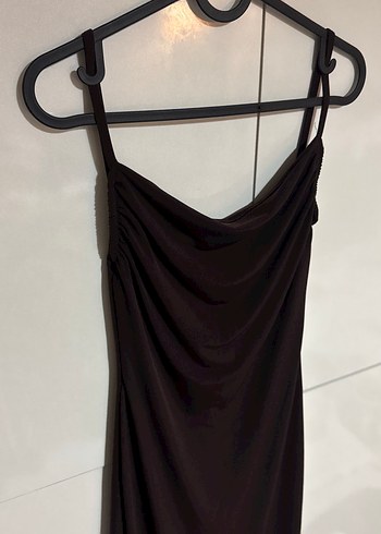 Kahverengi Drapeli Uzun Askılı Elbise - Görsel 2