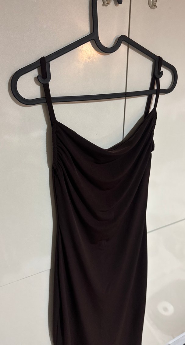 Kahverengi Drapeli Uzun Askılı Elbise - Görsel 2