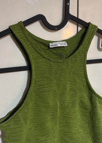 Bershka Yeşil Kolsuz Mini Keten Bluz - Görsel 2