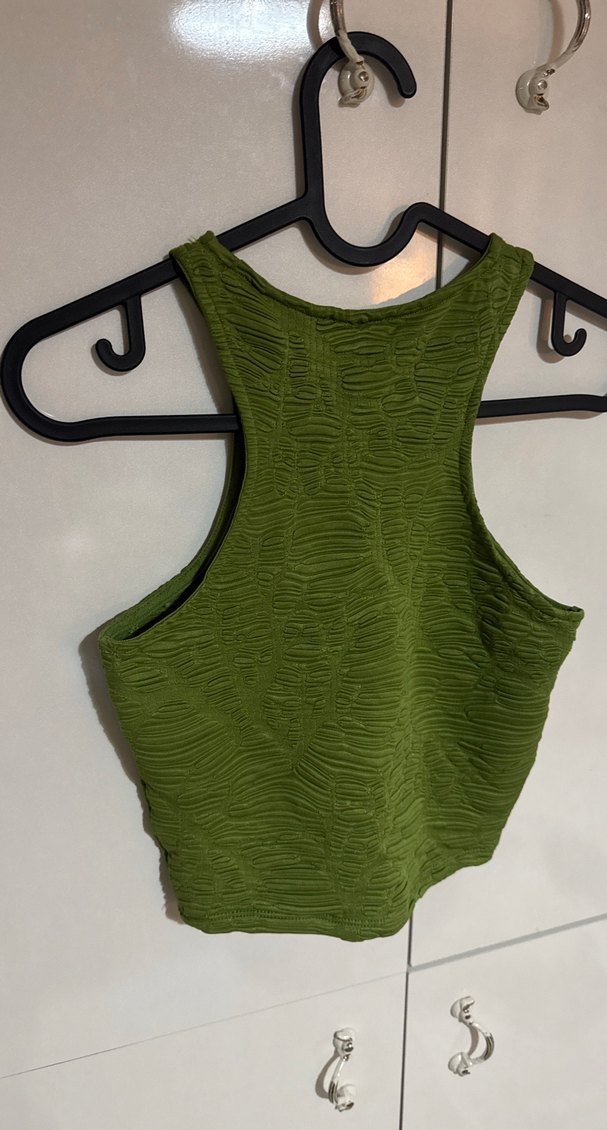 Bershka Yeşil Kolsuz Mini Keten Bluz - Görsel 5