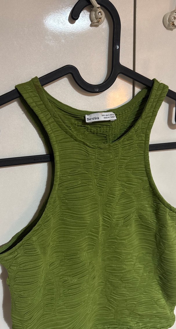 Bershka Yeşil Kolsuz Mini Keten Bluz - Görsel 2