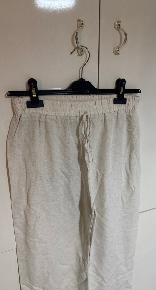 Bej Keten Bol Kesim Kadın Pantolon - Görsel 2