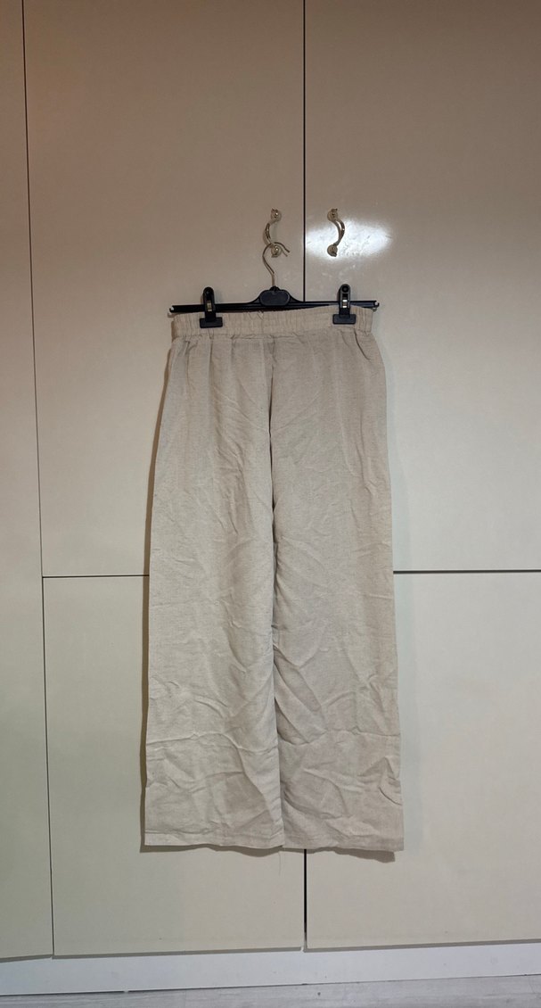 Bej Keten Bol Kesim Kadın Pantolon - Görsel 4