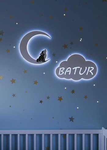 Bebek Odası Ay  Bulut Duvar Dekoru BATUR / Ahşap İsimlik Panosu - Görsel 3