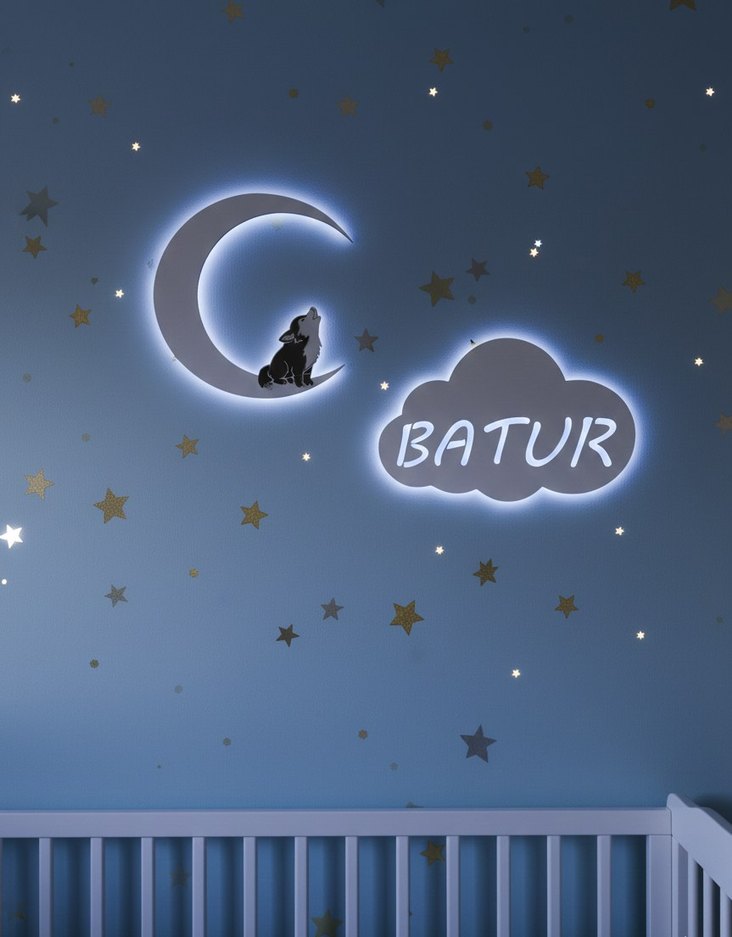 Bebek Odası Ay  Bulut Duvar Dekoru BATUR / Ahşap İsimlik Panosu - Görsel 3