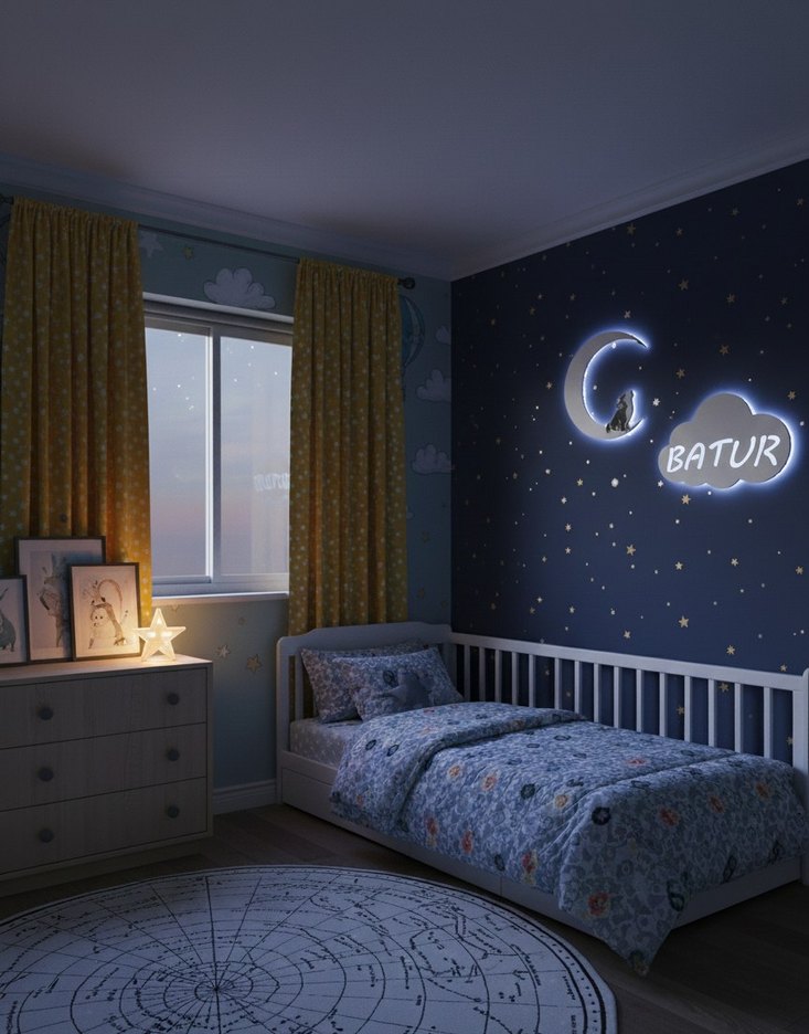 Bebek Odası Ay  Bulut Duvar Dekoru BATUR / Ahşap İsimlik Panosu - Görsel 2
