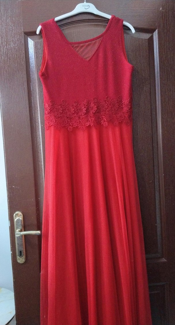 Diger Kırmızı sıfır Kollu V Yaka Abiye Elbise - Görsel 2