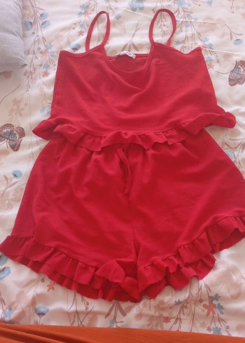 Kırmızı Fırfırlı Kadın Mini Pijama Takımı