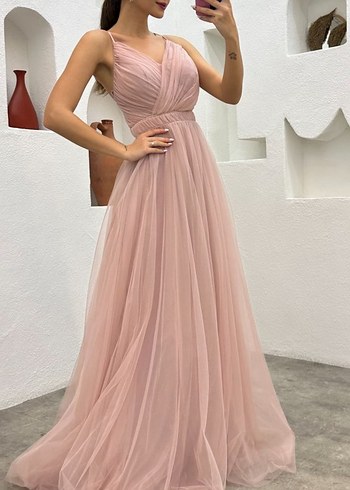 Pembe Drapeli Uzun Abiye Elbise