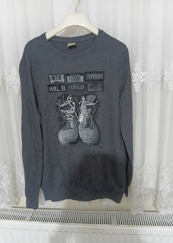 Defacto Gri Baskili Uzun Kollu Sweatshirt